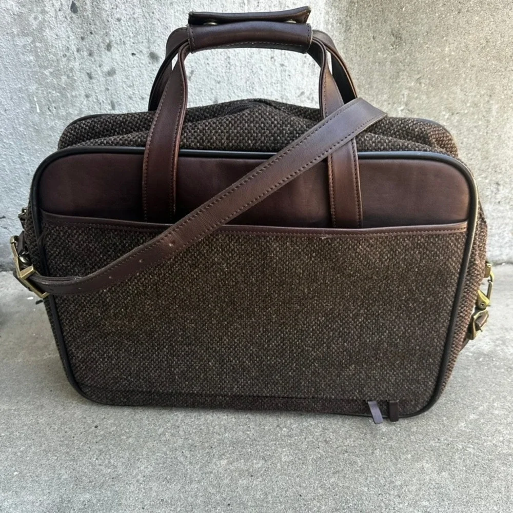Hartmann Vintage Tweed Leather Briefcase Brown Weekend Messenger Bag Brass